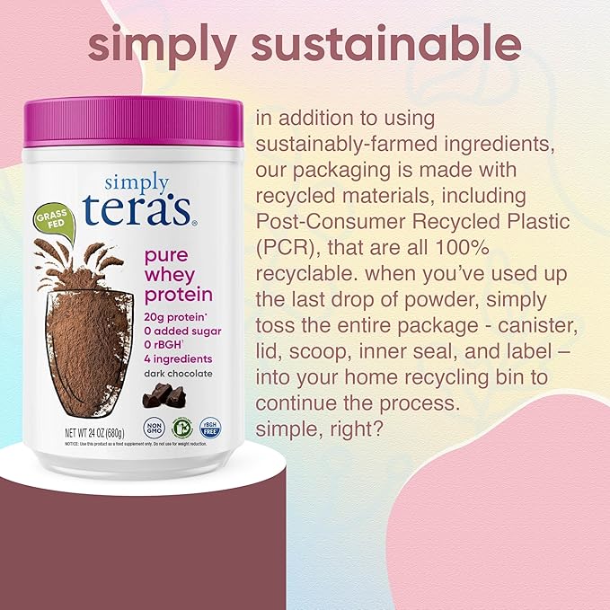 Simply tera's Pure Whey Protein Powder - Chocolate Protein Powder, Clean & Grass Fed Whey Protein, No Artificial Sweeteners, Non-GMO, Kosher, rBGH-Free, Soy-Free - Dark Chocolate, 24 oz