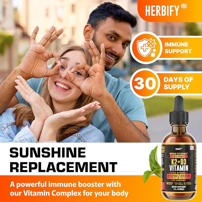 HERBIFY Vitamin D3 K2 Drops – Liquid Vitamins for Women, Men & Teen - Bone Strength Supplements - D3 K2 Mt Vitamins for Immune Support & Heart Health - Vitamin D3 10000 Iu Liquid K2 Drops – 2 oz