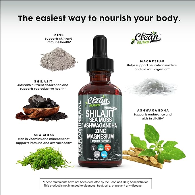 Clean Nutraceuticals Shilajit Liquid Drops with Sea Moss, Ashwagandha, Zinc, Magnesium, Liquid Vitamins for Women and Men - Terra Mineral
