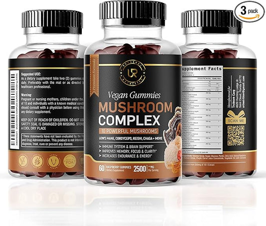 Mushroom Gummies | 10 Mushroom Supplement | 2500mg | Turkey Tail, Chaga, Reishi, Cordyceps & Lions Mane Organic Mushroom Extracts, Nootropic Brain Booster (180 Count (Pack of 3))