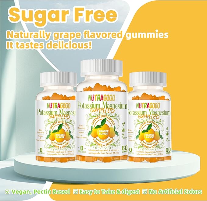 Potassium Magnesium Gummies,Potassium Supplement w/Ashwagandha,High Absorption Magnesium Glycinate,B6,D3,Potassium Citrate for Leg Cramps,Muscle,Electroyte for Adults Kids,Sugar-Free, 60 Gummies
