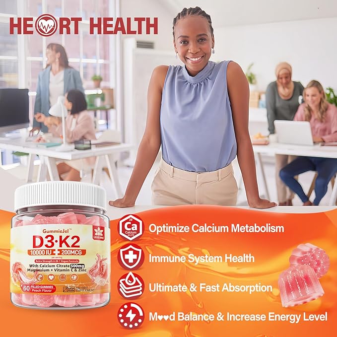 Vitamin D3 K2 Gummies 5000IU / 10,000 IU with 500mg Calcium + K2(MK-7) 200mcg, Magnesium, Vitamin C & Zinc, Extra Strength - Ultimate Absorbency for Bones, Muscles, Teeth, Vegan, 60 Count (Pack of 1)