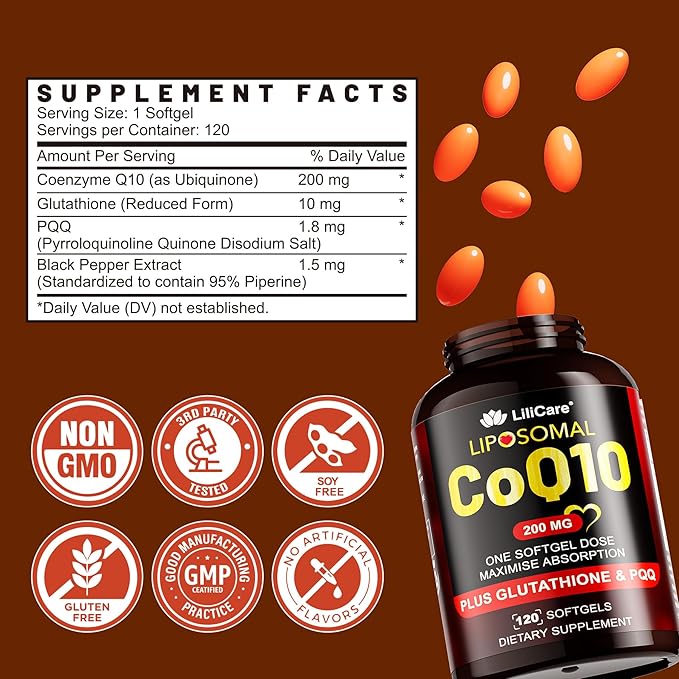 Liposomal CoQ10 200mg Softgels, Co-Q10 400mg per 2 Softgels | Plus Glutathione, PQQ | Vegan Coenzyme Q10 Supplement, Naturally Fermented, Cellular Energy & Antioxidant Support, 120 Counts