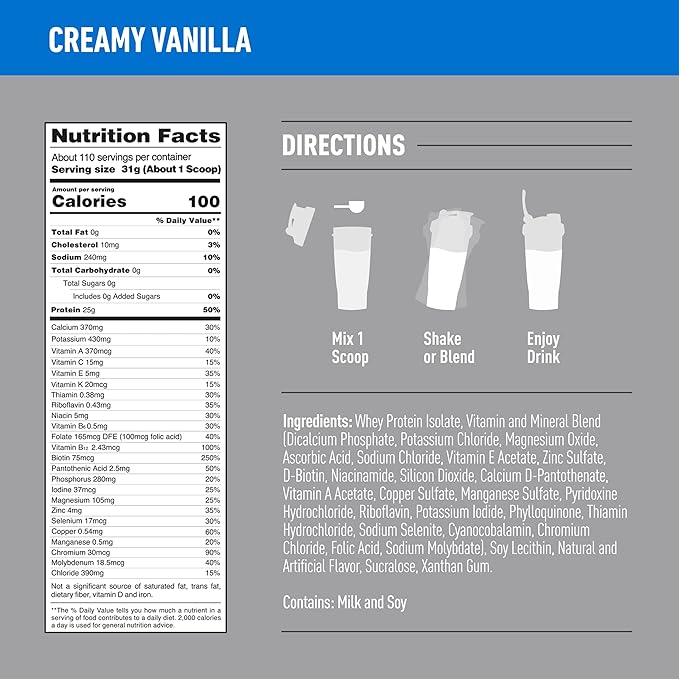 Isopure Protein Powder, Zero Carb Whey Isolate, Gluten Free, Lactose Free, 25g Protein, Keto Friendly, Creamy Vanilla, 110 Servings, 7.5 Pound (Packaging May Vary)