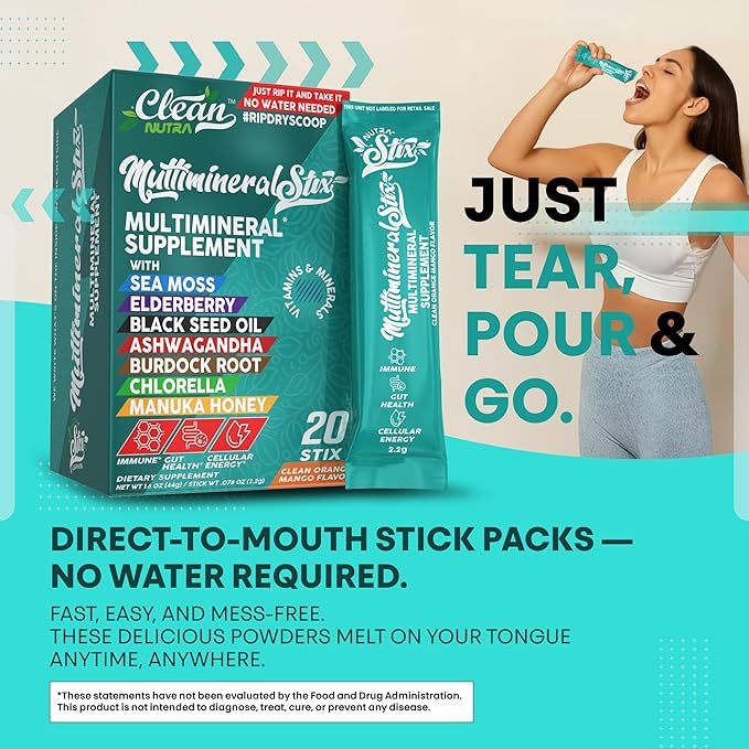Sea Moss Powder Elderberry Ashwagandha Chlorella Manuka Honey VitaminD3 Vitamin C Zinc Spirulina Iodine Greens Detox Immune Support Sugar Free Hydration Powder Drink Mix – 20 Sticks