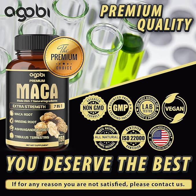 7in1 Premium Maca Root Capsules - with Ashwagandha, Ginseng, Tribulus, Shilajit, Shatavari & Black Pepper - Natural Energy, Performance & Mood Support - 150 Counts for 5 Months