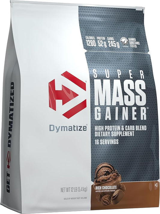 Dymatize Super Mass Gainer Protein Powder, 1280 Calories & 52g Protein,10.7g BCAAs, Mixes Easily, Tastes Delicious, Rich Chocolate, 12 lbs