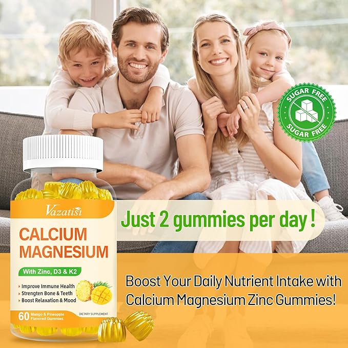 Calcium Magnesium Zinc Gummies with Vitamin D3 and K2, High Absorption Magnesium Glycinate Potassium for Immune and Calm Mood, Vegan Mango and Pineapple Flavor 120 Gummies