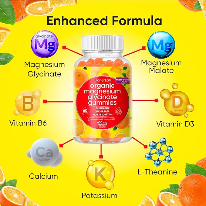 Magnesium Glycinate Chewable Gummies (600mg) for Kids & Adults Women Men - Vegan Complex with Calcium Potassium Vitamin D B6 L-Theanine - Sugar & Gluten Free - Orange Flavor