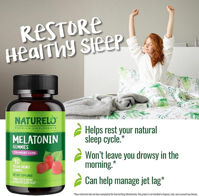NATURELO Melatonin Gummies – Non-GMO, Gluten-Free, Soy Free - Strawberry Flavor - Gentle Sleep Supplement - 90 Vegetarian Gummies