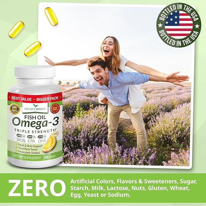 Best Triple Strength Omega 3 Fish Oil Pills - 180 Capsules - 2400mg High Potency Burpless Lemon Flavor 864mg EPA 576mg DHA Ultra Pure Liquid Softgels for Brain Joints Eyes Heart Health Supplement
