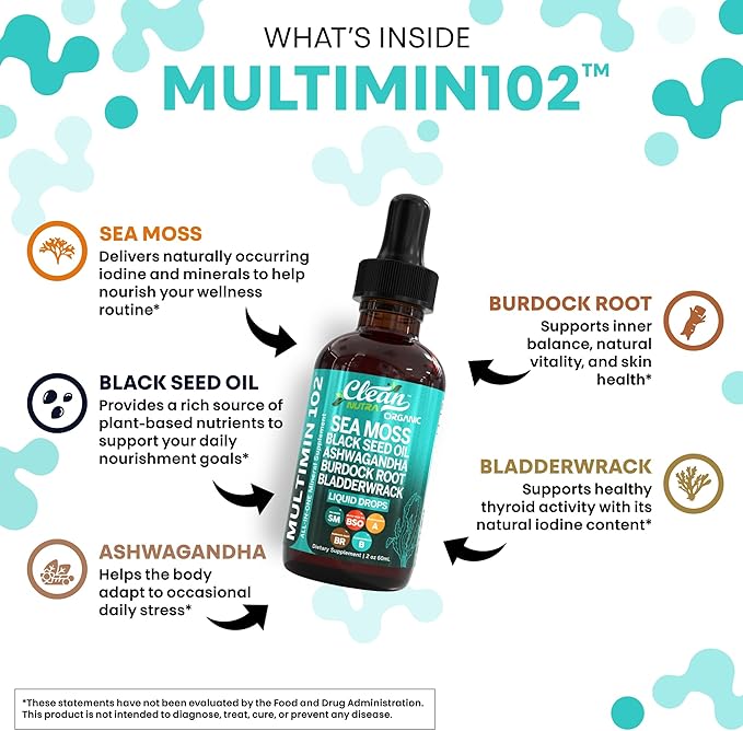 Clean Nutra Organic Sea Moss Drops Supplement | Black Seed Oil Irish Seamoss Ashwagandha Burdock Root & Bladderwrack - Multimineral Liquid Vegan for Gut Heath Energy Skin Immune Support & Hair