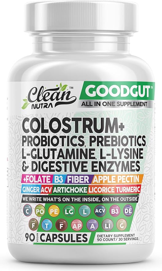 Clean Nutraceuticals Colostrum Supplement Capsules Probiotics Pills Prebiotics, L-Glutamine, Digestive Enzymes, Folate, Fiber, ACV, Turmeric, Apple Pectin and Turmeric Good Gut