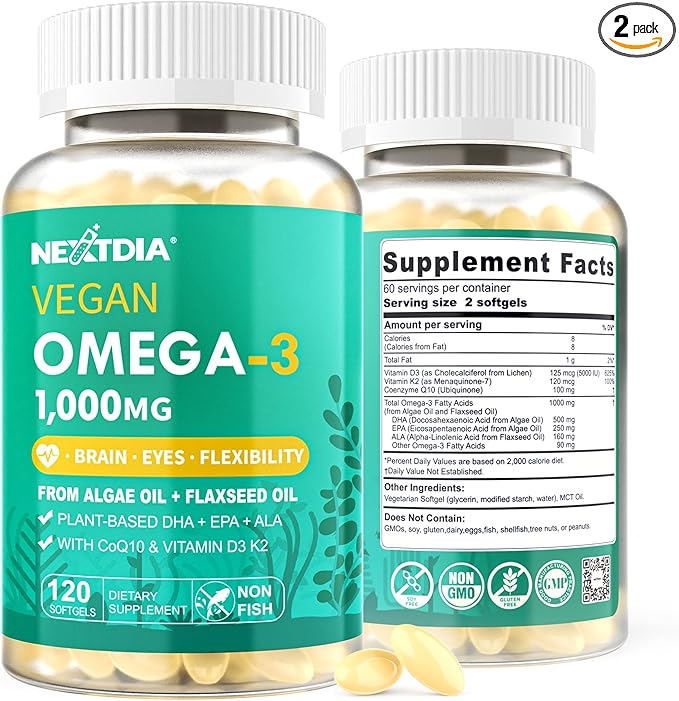 2 Pack Vegan Omega 3 D3 K2 CoQ10 Supplement, Plant Based DHA EPA ALA for Women Men, Omega 3 Organic Algae Flaxseed Oil Supplement for Bone, Brain, Eye & Immune Support, No Carrageenan, 240 Softgels