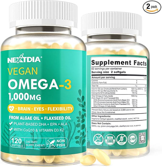 2 Pack Vegan Omega 3 D3 K2 CoQ10 Supplement, Plant Based DHA EPA ALA for Women Men, Omega 3 Organic Algae Flaxseed Oil Supplement for Bone, Brain, Eye & Immune Support, No Carrageenan, 240 Softgels