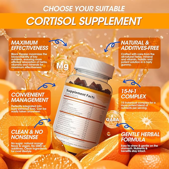15-in-1 Cortisol Supplements for Women & Men, Calm Cortisol Gummies with Ashwagandha, Magnesium, L-theanine, GABA, Phosphatidylserine, Vitamin C, D3, B6 for Mood, Sleep, Focus Support - Vegan, 1 Pack
