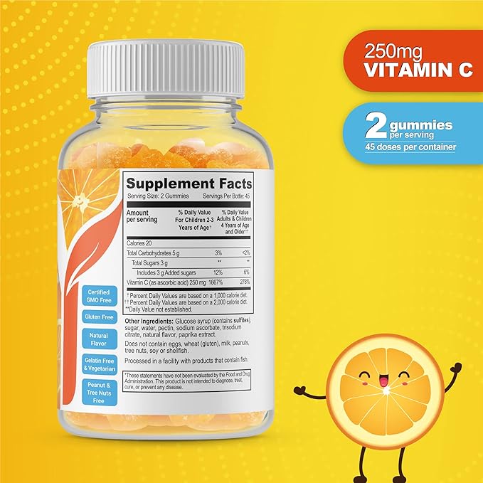 Doctors Finest Vitamin C Gummies for Kids – Vegan, GMO Free & Gluten Free – Great Tasting Orange Flavor Pectin Chews – Kids Dietary Supplement – 250mg of Vitamin C – 90 Jellies [45 Doses]
