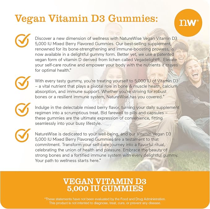 NatureWise Vitamin D3 5000 IU Gummies - Mixed Berry Flavor - Vegan D from Lichen, Pectin Based, Immune Support for Adults, Muscle & Bone Strength - Gluten Free, Non-GMO - 60 Count[1-Month Supply]