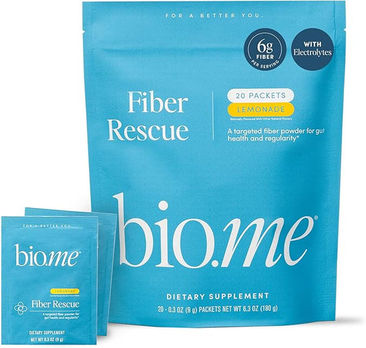 Fiber Rescue Lemonade 20 Count Travel Packs (6g Per Packet) - Psyllium Husk Powder for Digestive Health & Bloating Relief, Gluten Free, Sugar Free Prebiotic Fiber Powder, Non-GMO Fibre Supplement