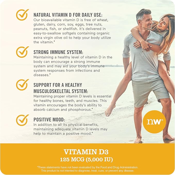 NatureWise Vitamin D3 5000iu (125 mcg) Healthy Muscle Function, and Immune Support, Non-GMO, Gluten Free in Cold-Pressed Olive Oil, Packaging Vary ( Mini Softgel), 90 Count