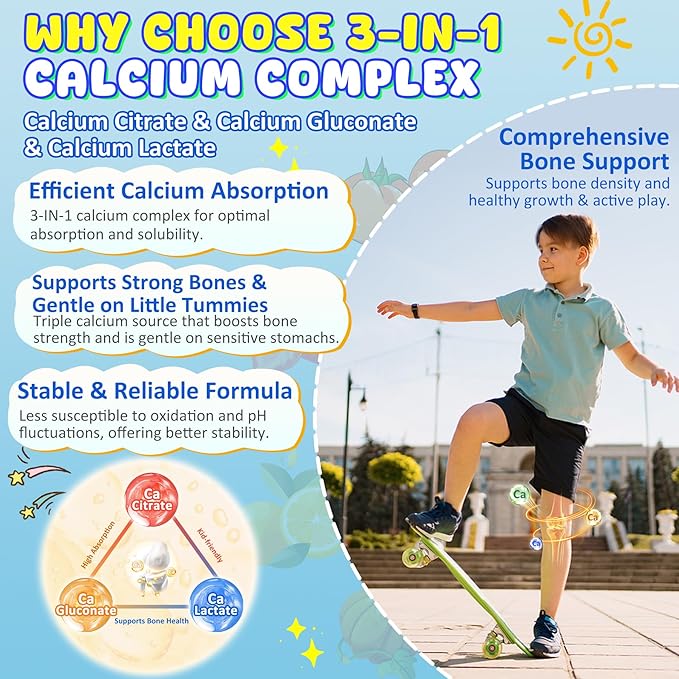 Kids Calcium Gummies + D3 & Magnesium for 4+, with Calcium Citrate Calcium Gluconate, Calcium Lactate, Probiotics & Prebiotics for Children Bone Health,Muscle Support,Digestive Health,Sugar Free 60Cts
