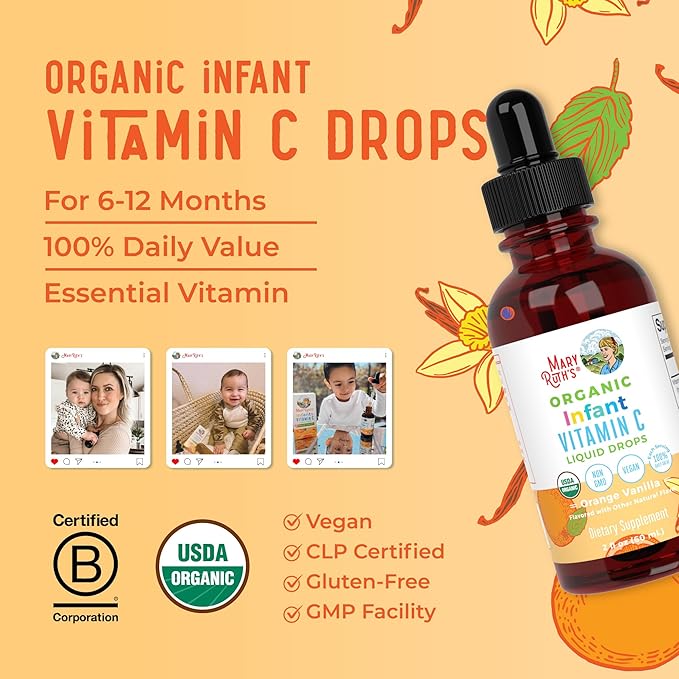 MaryRuth Organics Infant & Baby Vitamin C Supplement | USDA Organic Vitamin C Liquid Drops for Infants | Ages 6-12 Months | Immune Support | Overall Health | Vegan | Non-GMO | Gluten Free | 2 Fl Oz