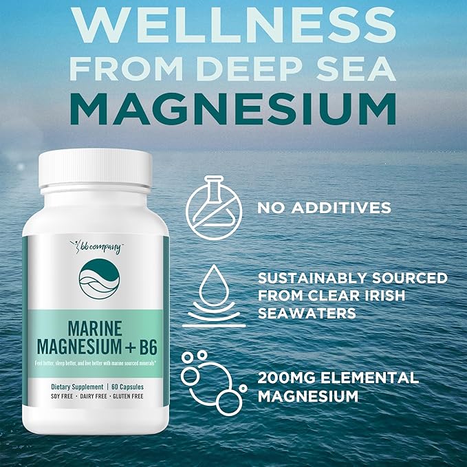 Ocean Magnesium 200mg Aquamin | More Soluble Than Magnesium Glycinate | Whole Food Mag B6 Supplement for Women | Gentle on Stomach & Vegan | Sleep Support, Calms Nerves & Leg Cramps | 60 Ct