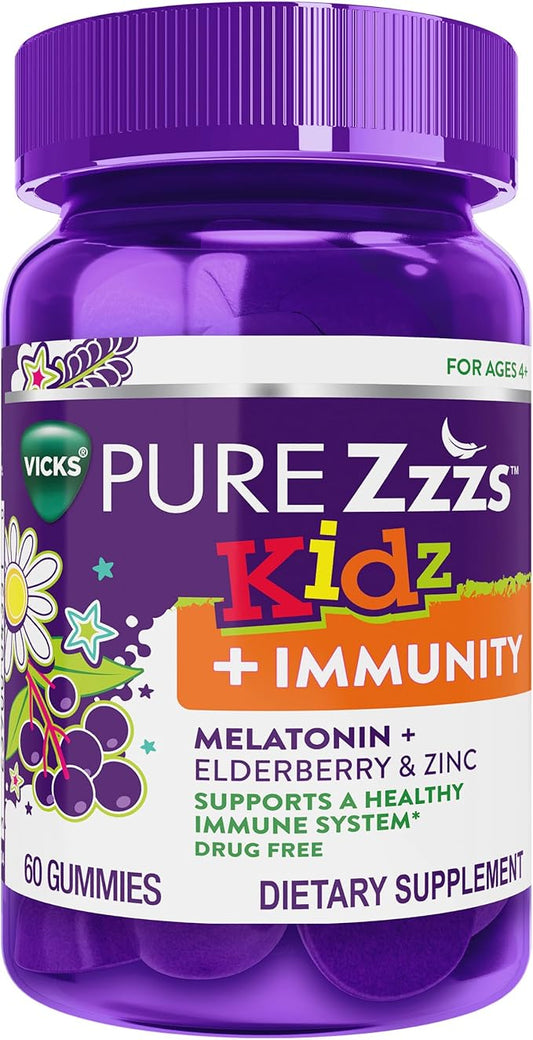 VICKS PURE Zzzs Kidz + Immunity, Kids Melatonin Gummy, Sleep Aid, Low Dose Melatonin for Kids, Zinc for Immune Support, Melatonin 1 mg, Melatonin Gummies Kids, Berry Flavor, 60 Sleep Gummies