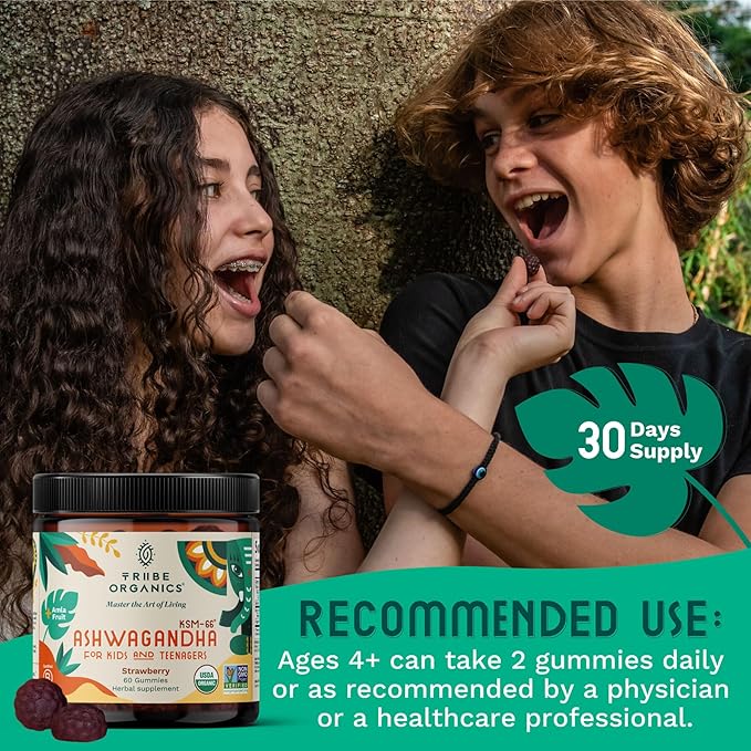 Ashwagandha KSM-66 Gummies for Kids & Teens - Pure Organic Root Extract Ayurvedic Supplement Gummy - Focus Mood Support Increase Energy Strength 600mg of Natural KSM66 for Superior Absorption
