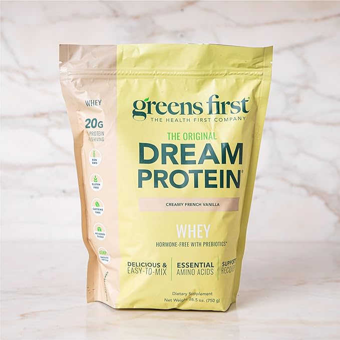 Greens First Dream Protein Powder Whey - 20g Protein Per Serving - Hormone-Free with Prebiotics - Non-GMO - No Artificial Sweeteners/MSG/Aspartame (Creamy French Vanilla, 26.5 oz)