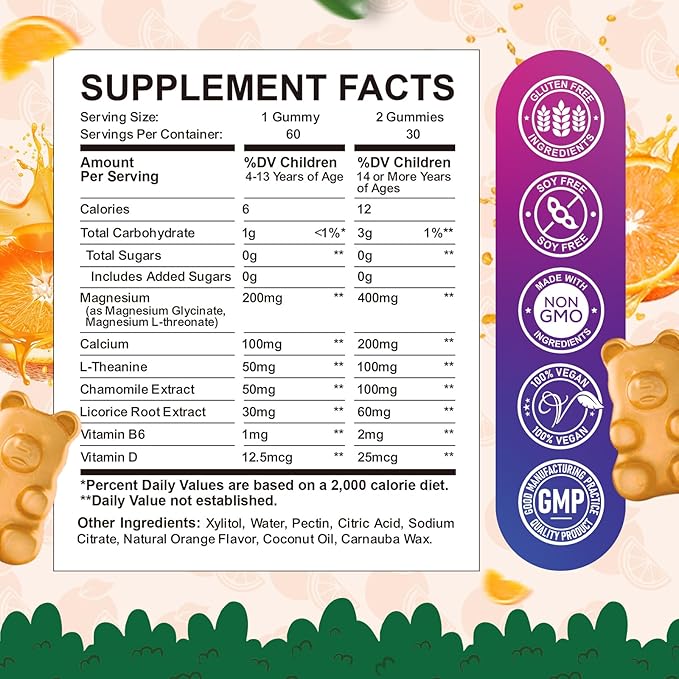 Calm Magnesium Gummies for Kids - Magnesium Glycinate, L-Threonate Supplement for Sleep, Brain, Immune & Bone Health - Great Tasting Magnesium Gummies for Adults & Kids - Vegan Sugar Free Orange 60ct