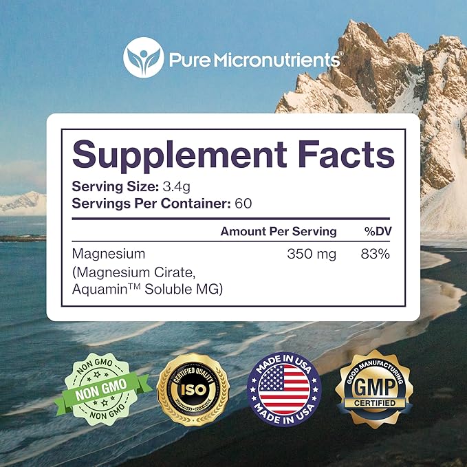 Pure Magnesium Citrate Powder to Support Sleep, Muscle & Bone Health, Energy, Heart & Digestion. Unflavored Magnesium Powder Drink Mix, Vegan, 60 Servings