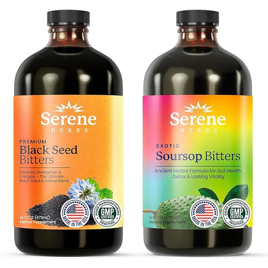 Soursop & Black Seed Bitters Bundle – Organic Herbal Detox for Digestive Support & Immune Health by Serene Herbs – Non-GMO, 32 oz (16 oz Each), 64 Servings