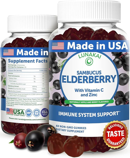 Lunakai USA Made Black Sambucus Elderberry Gummies for Adults & Kids with Vitamin C & Zinc - Immune Support, Antioxidants, Non-GMO, 60 Gummies