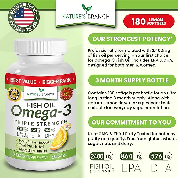 Best Triple Strength Omega 3 Fish Oil Pills - 180 Capsules - 2400mg High Potency Burpless Lemon Flavor 864mg EPA 576mg DHA Ultra Pure Liquid Softgels for Brain Joints Eyes Heart Health Supplement