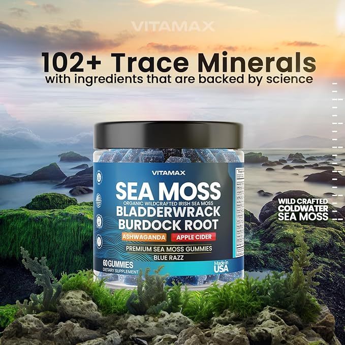 Irish Sea Moss Gummies, Sea Moss 3000mg, Bladderwrack 2000mg, Ashwagandha 800mg, Burdock Root 400mg, ACV, Non-GMO and Vegan – Made in USA – 60ct