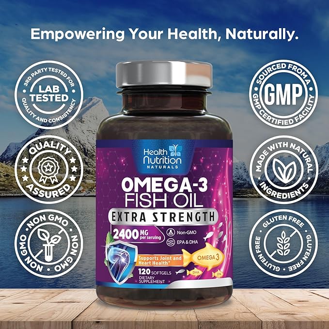 Omega 3 Fish Oil 2400 mg - Triple Strength Omega3, EPA & DHA Fatty Acids Supplement - Natural Support for Immune, Heart & Brain Health - Wild Caught, Non-GMO, Lemon Flavor, Burpless - 120 Softgels