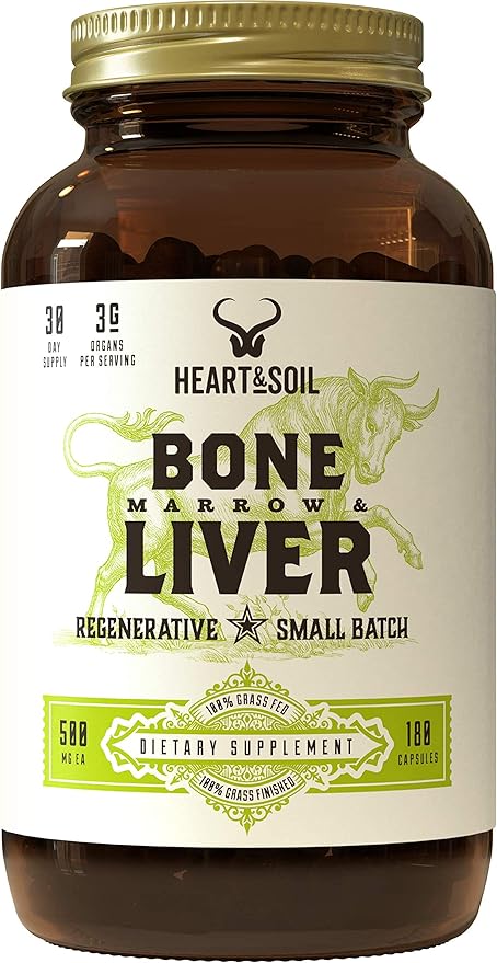 Heart & Soil Grass-Fed Bone Marrow & Liver Supplement - Desiccated Organ Supplements to Enhance Mood, Bone, Joint, Tissue, & Skin Health - 180 Capsules