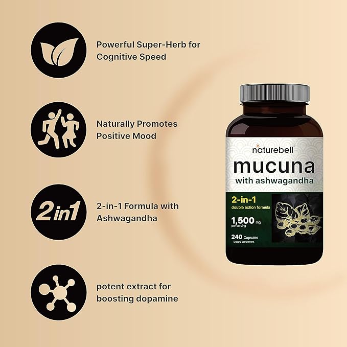 2 Pack NatureBell Mucuna Pruriens Capsules, 1500mg Per Serving, Made with Mucuna and Ashwagandha, 480 Capsules, 2 in 1 Formula, Contains Mucuna Pruriens Seeds for Mood Mind and Brain Health