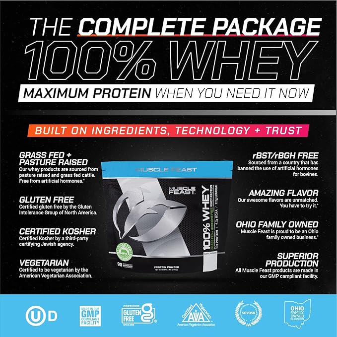 Muscle Feast 100% Grass-Fed Whey Protein, Pastured Raised Hormone Free All Natural, Unflavored, 5lb