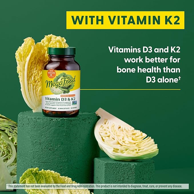 MegaFood Vitamin D3 5000 IU (125 mcg) - Vegetarian Supplements with Vitamin D3 K2 - Supports Bones, Teeth, Muscles & Immune Health - Certified Non-GMO - 60 Mini Capsules, 60 Servings