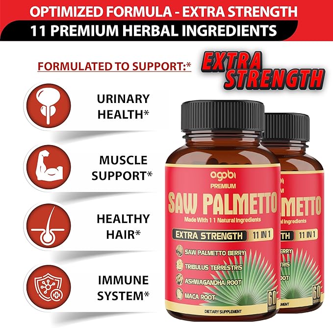 2 Packs 60 Counts 4 Months - Saw Palmetto Capsules 5300 mg - 11in1 with Ashwagandha, Turmeric, Tribulus, Maca, Green Tea, Holy Basil & More - Extract for Prostate, Skin & Immune Support