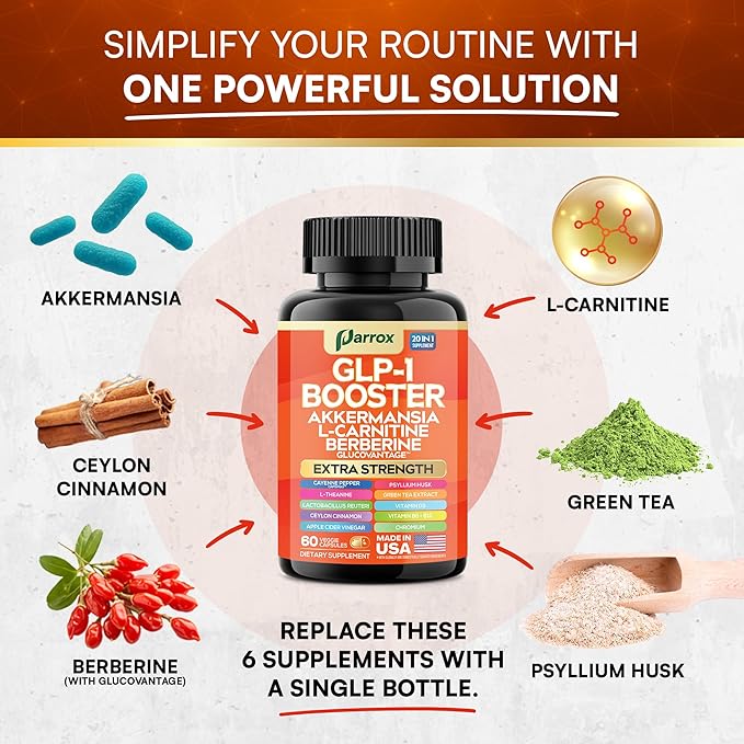 GLP-1 Booster Supplement with Akkermansia, L-Carnitine, Berberine (GlucoVantage), Chromium, Capsimax, Psyllium Husk, Probiotics & Vitamins D3, B6, B12, 20-in-1 Plant-Based Formula (60 Caps)