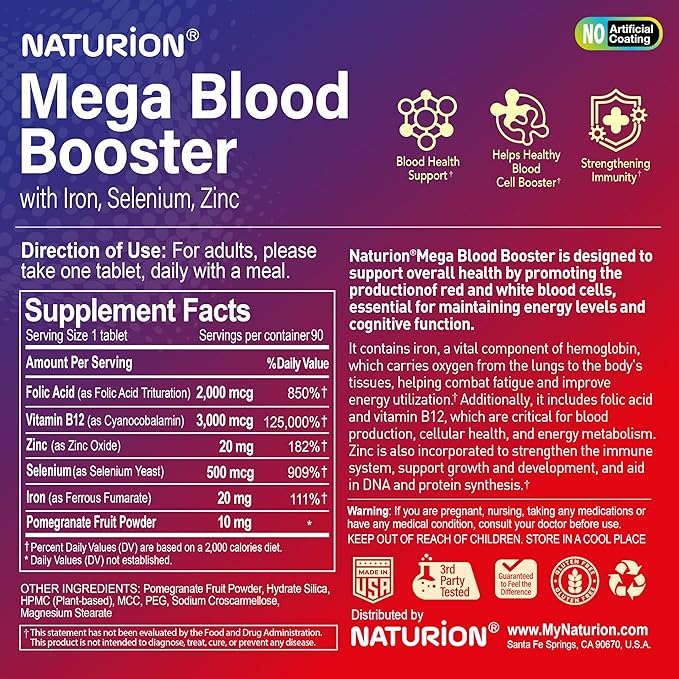 Mega Blood Booster - Dietary Supplement for White and Red Blood Cell Support with Iron, Selenium, Zinc, Vitamin B12 & Folic Acid - 90 Tablets, 90 Day Supply