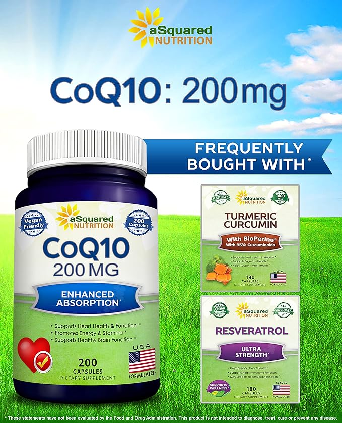aSquared Nutrition CoQ10 (200 Capsules and 200mg) - High Absorption Vegan CO Q-10 Powder - Enzyme Ubiquinone Supplement Pills, Extra Antioxidant Coenzyme Q10 Vitamin, Coq 10 Alernative to Softgels