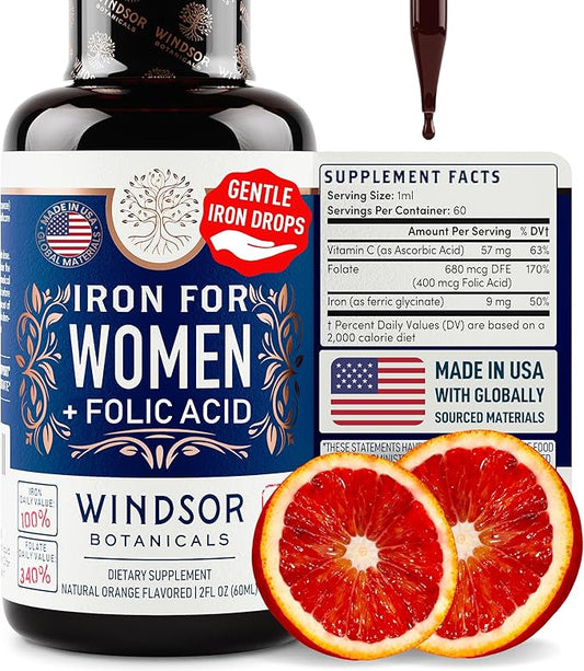 WINDSOR BOTANICALS Liquid Iron Supplements for Anemia - Folic Acid, Vitamin C, Vegan Blood Builder and Anemia Supplement - 2 oz Orange Flavor Gentle Iron Drops for Women