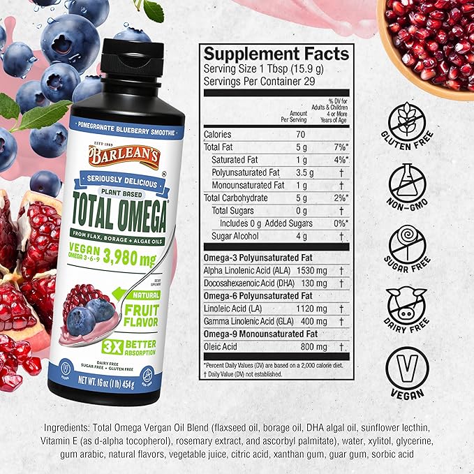 Barlean's Liquid Flaxseed, Borage and Algae Oils Omega 3 Supplement, Pomegranate Blueberry Flavor, Vegan EPA and DHA, Flax and Borage Seed Oil with 3,980 mg of Omega-3-6-9, 16 oz