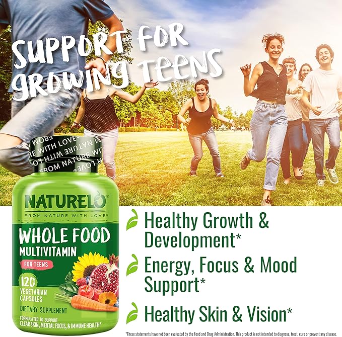 NATURELO Whole Food Multivitamin for Teens - Vitamins and Minerals for Teenage Boys and Girls - Supplement for Active Kids - with Organic Whole Foods - Non-GMO - Vegan & Vegetarian - 120 Capsules