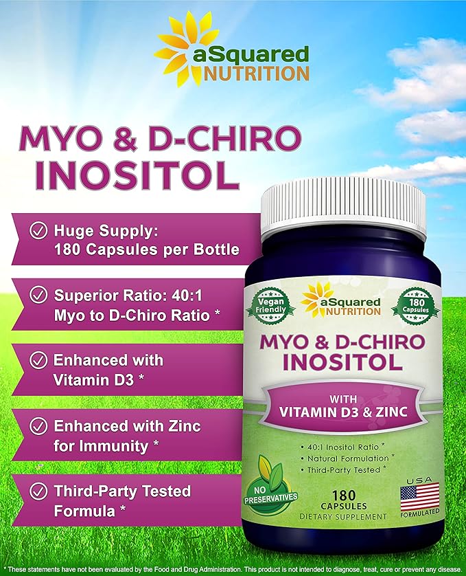 aSquared Nutrition Myo-Inositol & D-Chiro Inositol Supplement - 180 Capsules - Plus Vitamin D3 and Zinc - Myo & D-Chiro Inositol 40 to 1 Ratio - VIT B8 Complex Pills