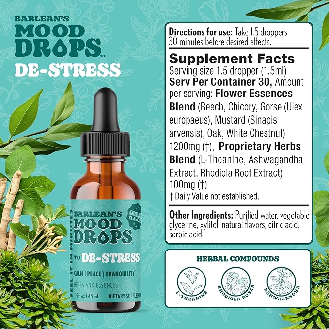 Barlean's Mood Booster Supplement, De-Stress Liquid Drop Supplements for Men and Women, Ashwagandha and L Theanine Extract, Adaptogen Herbs Drops, 1.5 oz